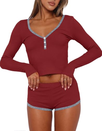 Image of INFITTY Womens Sexy Vneck 2 Piece Sets Casual Long Sleeve Button Short Pajama Outfit 2026 Trendy Crop Top Nightwear