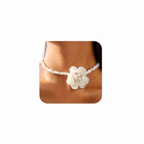 Gangel Big Flower Necklace Choker Pearl Choker Necklace White Flower Necklaces Choker Vintage Floral Choker Prom Flowers Necklace Jewelry for Women