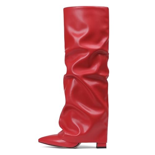 Image of SaraIris Women's Slouchy Knee High Boots - Black, Pointed Toe, Fold Over, Chunky, Shark Boots