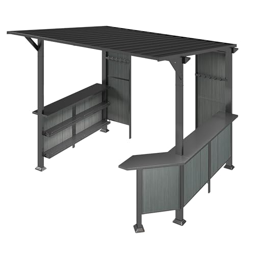 Image of 9x10FT Hardtop Grill Gazebo, Lean to Outdoor BBQ Shelter with Galvanized Steel Slanted Roof, Permanent Metal Grilling Station with Storage Shelves & Bar Platform for Patio (Gray, 9X10FT)