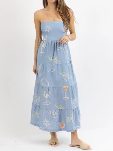 Image of Women Floral Print Maxi Tube Dress Strapless Flowy Long Bandeau Dress Y2K Open Back Sundress Summer Beachwear