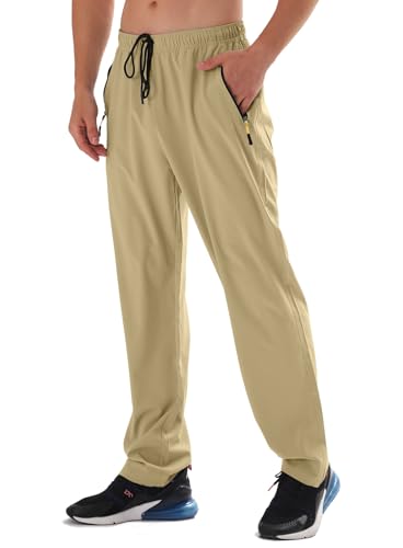 Men's Elastic Waist Hiking Pants Water Resistant Quick-Dry Lightweight Outdoor Sweatpants with Zipper Pockets Khaki