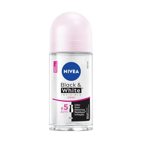 NIVEA Desodorante Antitranspirante Roll On Invisible Black & White Clear 50ml - Proteção prolongada de 48h, cuidado suave, ação antibacteriana, fórmula 5 em 1: anti-manchas, anti-odor