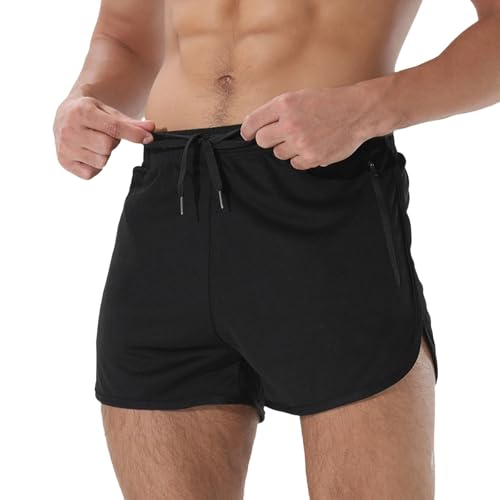 Pantalones cortos para correr para hombre de malla de secado rápido pantalones cortos de gimnasio con bolsillos con cremallera en la cintura elástica pantalones cortos de entrenamiento para culturismo