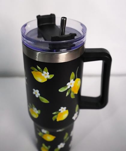 Image of 1200ML Stainless Steel Tumbler Hot and Cold with Handle and Lid and 2 Straws, Double Insulated Cup Leak Proof Mug Cupholder for Gym, Travelling (Black Summer Lemons)