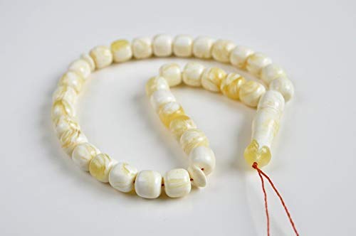 White Amber Round Beads, Ivory White Color Baltic Amber Islamic Prayer Beads 33 Worry Beads 23.5 g 10 x 9 mm