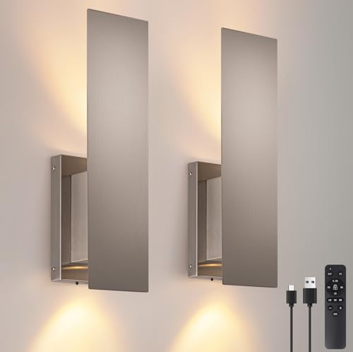 Image of Brushed Nickel Battery Operated Wall Sconces Set of Two,Dimmable Wireless Battery Wall Sconce with Remote,USB Rechargeable LED Wall Lights for Living Room Bedroom Hallway (Brushed Nickel)
