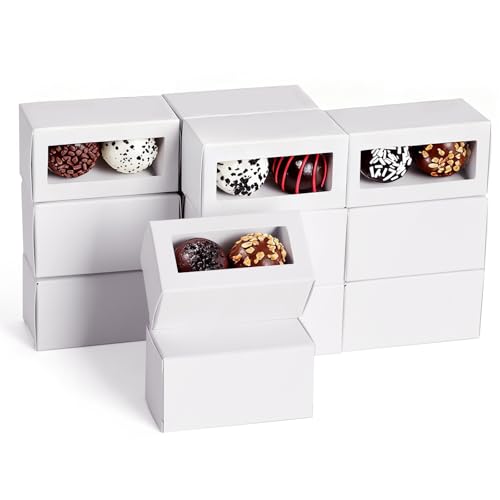 HALAGAS 100 Pack Truffle Boxes 3.15 x 1.57 x 1.57 inches Small Candy Boxes with Window for 2 Truffles Chocolate Boxes Packaging Wedding Favor Party Birthday Celebration Gift Boxes