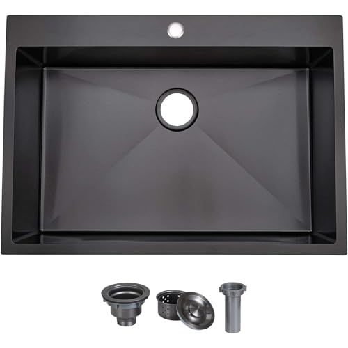 VAPSINT 33x22 Black Drop in Kitchen Sink, 33 Inch Gunmetal Black Stainless Steel Topmount Kitchen Sink, Single Bowl Laundry Sink with Strainer
