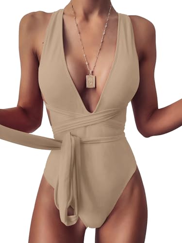 Image of Lilosy Sexy Tie Criss Cross Plunge One Piece Thong Swimsuit High Cut Brazilian Bathing Suit