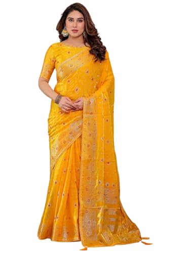 Image of ALMAARI FASHION Fendy Satin Foil Print Floral Saree with Tassels, Traditional Butti Motifs, 5.5m with 0.8m Blouse (FOIL 102 YELLOW H)