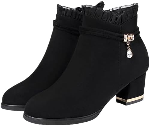 Women's Platform Block Heel Ankle Boots, Winter Warm Sparkling Rhinestone Booties for Daily & Office