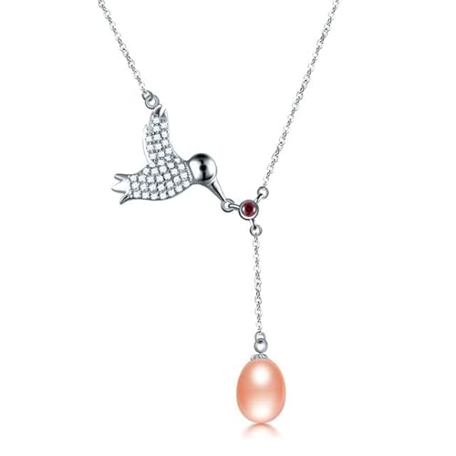 DJMJHG Collar con Colgante de circón de pájaro de Plata esterlina para Mujer Collar de Perla Ovalada de Agua Dulce Natural Genuina   Rosa Cover