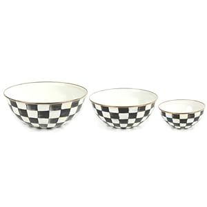MACKENZIE-CHILDS Enamel Mixing Bowl Set, Small 5-Cup, Medium 10-Cup, and Large 16-Cup Serving Bowls for Entertaining, Set of 3, Black-and-White Courtly Check