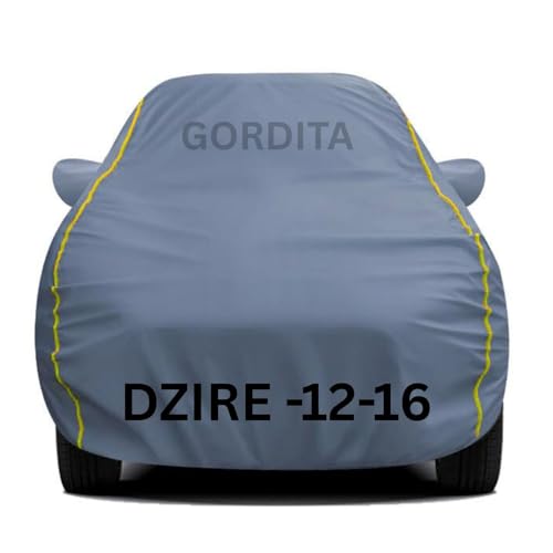 Image of Waterproof Car Body Cover for Dzire 2012-16 All Weather Protection Comes with Inner Cotton Lining & Triple Stitched with Mirror & Antenna Pocket Belt & Elastic Fit Grey with Yellow Piping2