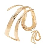 IUSOJOJN chunky gold bracelet and ring Jewelry Set for Women Minimalist Statement Cuff Bracelet Open Wide Wrist Trendy Jewelry