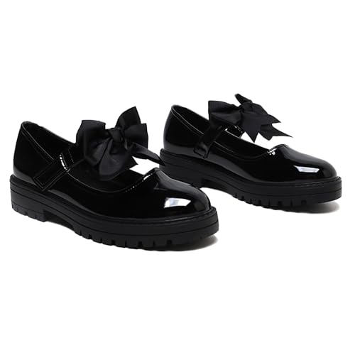 Gizelle Girls Patent Black Mary Jane School Shoes with Detachable Bow On Strap - Toddler Kids Back to School Comfortable Anti-Slip Uniform Flat Shoes UK-6uk