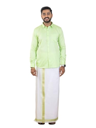 Image of RAMRAJ COTTON Men Premium Cotton Full Sleeves Shirt and Fancy Border Dhoti Set Luxe Set