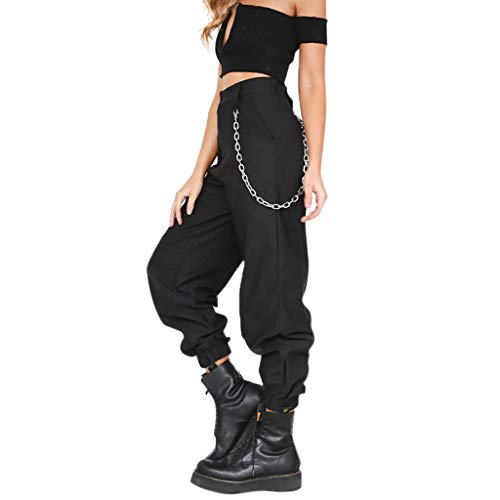 LDA Get Fresh Mujeres con Cintura Alta Bolsas de Hip Hop de Cintura Alta Bolsillo, Pantalones de Carga Harem para niñas, Pantalones Anchos y sólidos - Negro Medio