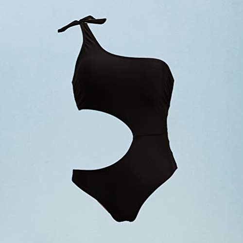 Maiô de uma peça de ombro só, traje de banho feminino sexy recortado, monoquíni liso (preto/G)