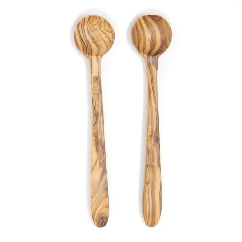 BeldiNest 7-Inch Long Handle Olive wood Smoothie Spoons, Iced Tea Spoon, Coffee Spoon, scooping Ice Cream, Yogurt, and Cocktail Stirring Spoons - Set of 2