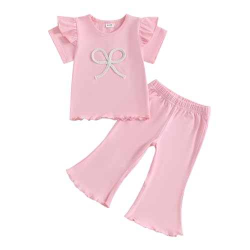 Infant Toddler Baby Girl Summer Outfit Bow Embroidery Ruffle Short Sleeve T-shirt and Flare Pants 2Pcs Summer Set