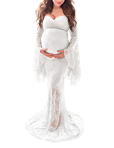 Saslax Off Shoulder Sweetheart Neckline Lace Maternity Dress for Photo Shoot Slim Fitted Maxi Maternity Props Dresses for Photography Baby Shower White Large