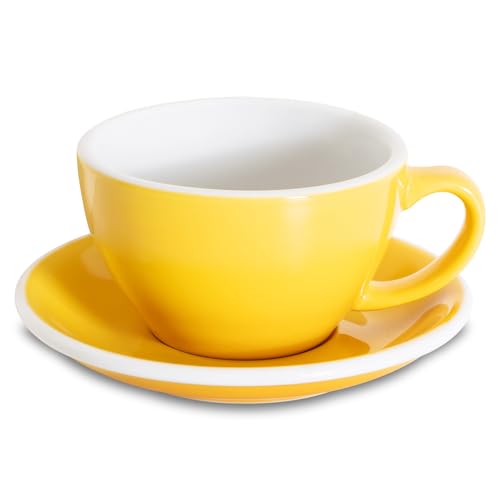 Loveramics Latte Art Mug with Saucer, 10 oz Ceramic Coffee cup with Round Bottom for Latte, Cappuccino, Tea, Espresso, Thick-walled Stoneware Cup Set for Barista - Regular Colours (Yellow, 10OZ)