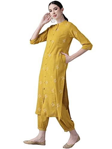 Image of ishin Women's Cotton Mustard Yellow Embroidered A-Line Kurta set With Salwar