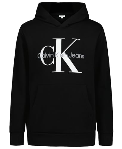 Calvin Klein Boys' Long Sleeve Pullover Fleece Hoodie, Old School Black, 14-16
