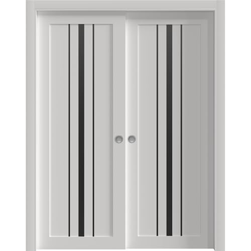 Image of Sartodoors Interior Door 3094 Closet Bypass Doors White with Black Opaque Glass Solid MDF Modern Design 56 x 96 in