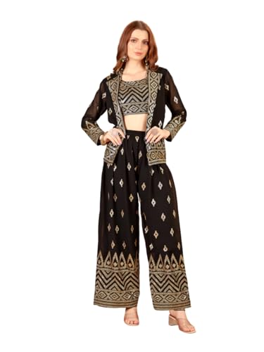 Image of Xomantic Fashiion Womens Black Color Jacket With plazzo Set
