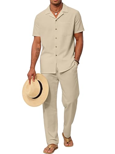 UOUA Mens 2 Piece Linen Outfit Summer Beach Button Down Shirt Casual Loose Pant Sets Beige XL