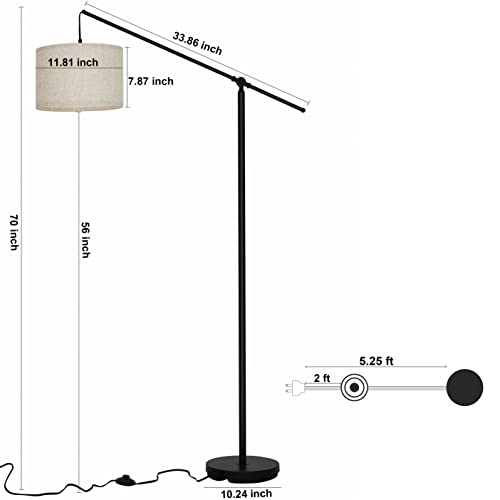 Suraielec Arc Floor Lamp, Overhang Cantilever Standing Floor Lamp For Couch, Sofa, Reading, Living Room, Bedroom, Adjustable Balance Arm, Natural Linen Drum Shade, Matt Black Metal Pole, Foot Switch #TOP5