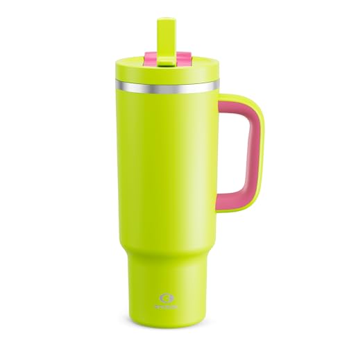 Image of ENCOOL 40 oz Tumbler with Handle and Straw: Stainless Steel Insulated Tumbler Keeps Cold for 24 Hours, Leakproof Travel Cup Fits in Cup Holder and BPA-Free,Acid Green