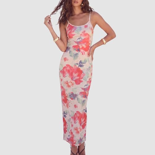 Image of Womens Summer Casual Floral Dresses Spaghetti Strap Bodycon Maxi Beach Dress Elegant Evening Party Long Dresses