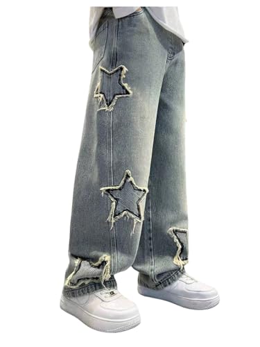 SHENHE Boy's Star Baggy Jeans Teen Boys Straight Wide Leg Denim Pants with Pockets
