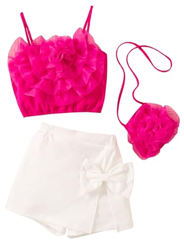 Image of MakeMeChic Girl's 2 Piece Outfits 3D Floral Shirred Cami Top and Bow Knot Shorts Set with Bag