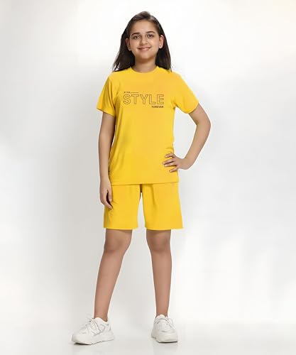 Image of KYDA KIDS Girls 100% Cotton Bio Washed Printed T-Shirt and Shorts Co-ords Clothing Set | Premium Soft & Breathable Summer Casual Comfort Outfit for Girls