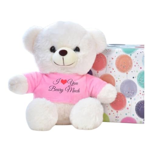 Image of Cute White Teddy Bear with Pink inchI Love You Beary Much inch T-Shirt | Soft Plush Toy for Kids & Girl Friend Gift | Hugable Stuffed Animal | 30 cm