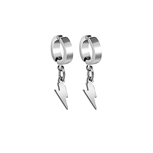 Unisex Punk Hip Hop Silver Stainless Steel Non Pierced Thunder Lightning Bolt Dangle Clip on Hoop Earrings Non-Piercing Jewelry Gift for Men Women Teens