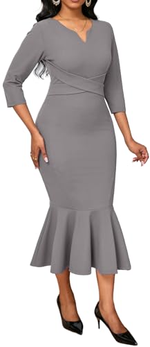 Image of VisiChenup Elegant Dress for Women V Neck Long Sleeve Midi Fishtail Dress | Elegant Dress for Women Long Sleeve Wedding Guest Cocktail Bodycon Dresses with Zipper