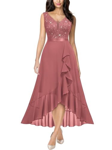Image of Miusol Women's Vintage V-Neck Sleeveless Sequined Floral Lace Ruffle Split Evening Party Dress (Large, Cinnamon Pink)