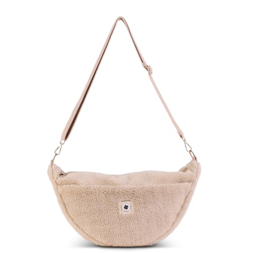 Grünes Glück Teddy Moon Bag Damen LARGE mit Innen & Außentasche | Perfekt als Crossbody Bag mit verstellbarem Gurt | Teddy Tasche Damen auch als Kinderwagen Organizer geeignet | Farben Taupe & Leo