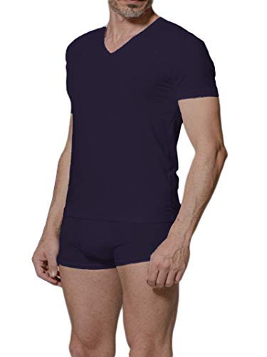 Tee-shirt col en V JNM118 anti-déformation en coton bleu taille S