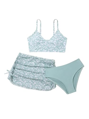 Image of COZYEASE Girls' 3 Piece Set Floral Print Bikini Swimsuit with Drawstring Beach Skirt Cute Ruched Bathing Suit