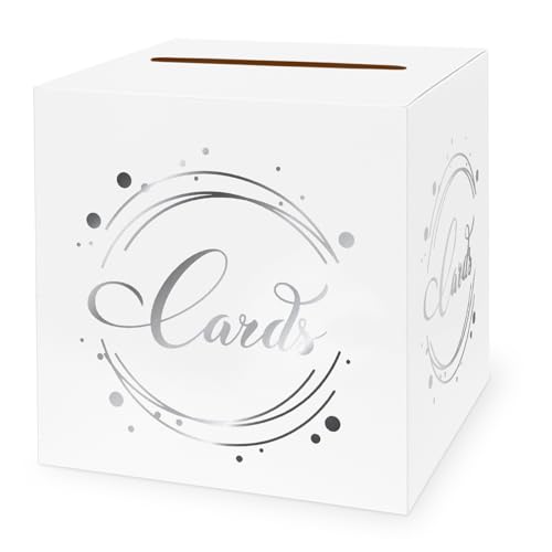 Image of 1 Pack White and Silver Foil Card Box for Party, 8.7 inch White Gift Card Box Money Box for Birthday, Wedding, Baby Shower, Retirement, Anniversary, Bridal Shower, Raffle Ticket