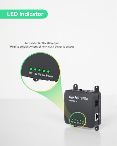 Divisor PoE Gigabit LINOVISION de 30 W, salida CC de 5 V/9 V/12 V/18 V, entrada de voltaje amplio de 36-57 V, estándar IEEE 802.3af/at, para cámaras de seguridad, control de acceso y dispositivos IoT miniatura 3