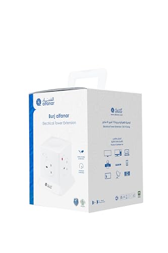 مقابس الفنار من برج، كيبلات 1.5 ملم 2.5 متر، قابس منصهر 13 امبير مع زر حماية من الحمل الزائد - أبيض - 4 قطع
