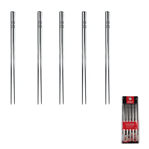 Vastsea 5 Paires Baguettes en Acier Inoxydable 304, Baguettes Longues en Acier Inoxydable Antidérapant, de Baguettes en Acier Inoxydable Réutilisables en Alliage de Métal(Argent)